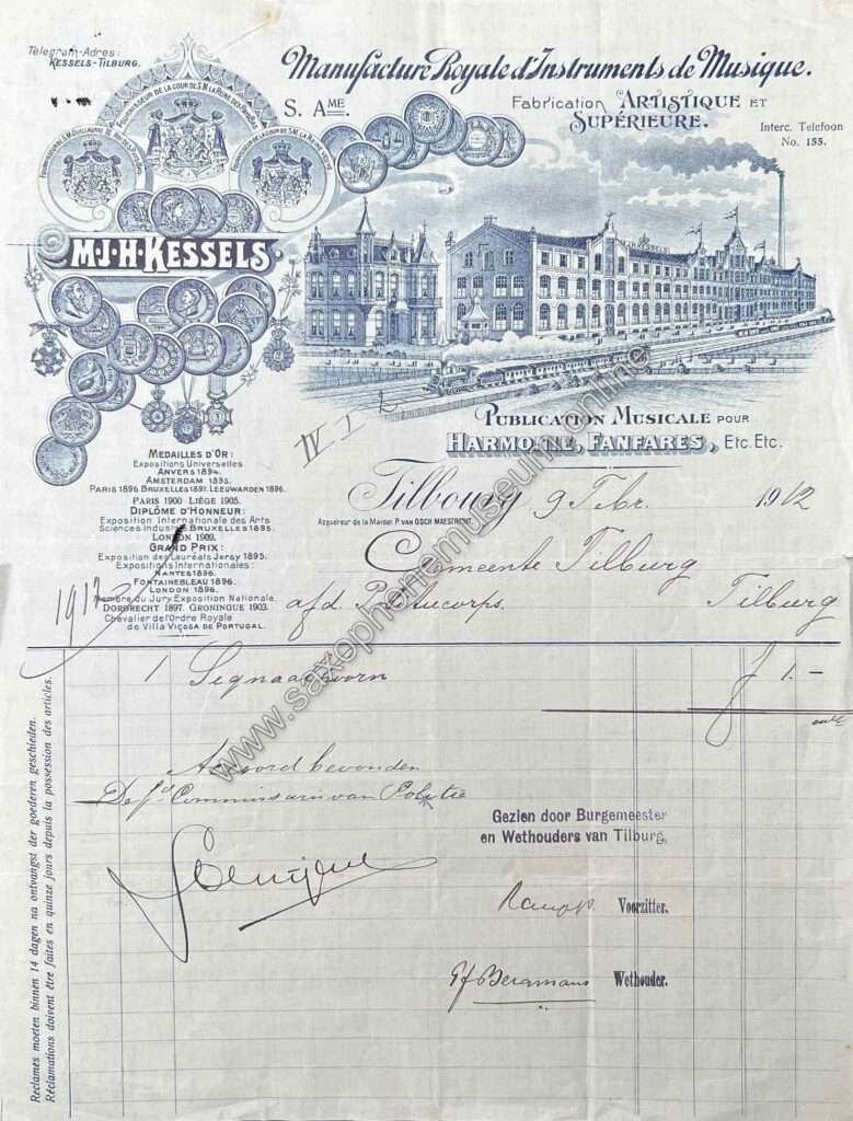 On this bill, issued in 1912, you can see the Factory and house of Kessels as a pen drawing. The bottom half of the page contains a bill for "1 Signaalhoorn".