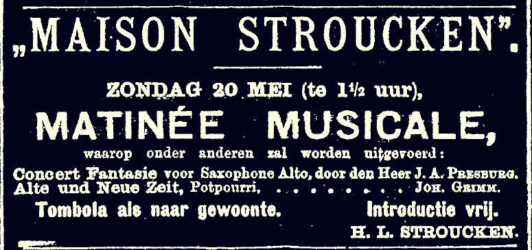 A Dutch ad for a "Matinée Musicale", featuring a saxophone concerto.
