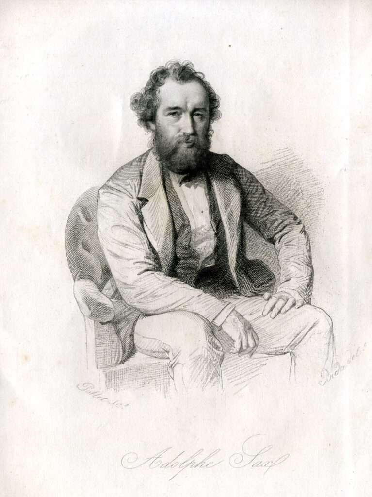 A pen drawing of Adolphe Sax, sitting in a chair.