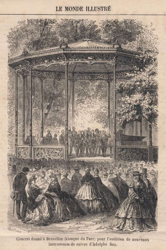 A pen drawing of a concert at a kiosk in Brussels. An audience of women in wide skirts and men in high hats looks on.