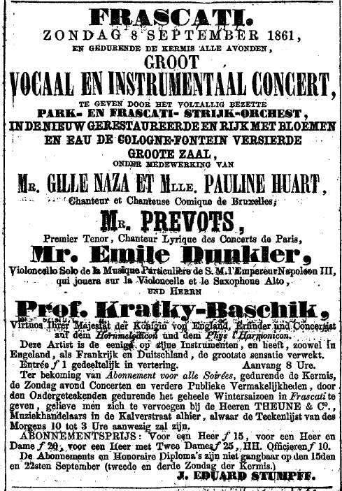 Newspaper announcement for a large concert during a fair, which includes an announcement for Emile Dunkler performing on saxophone and cello.