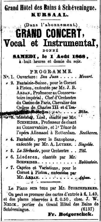 A concert announcement featuring a Singelée fantaisie for saxophone, performed by A. Luyben.